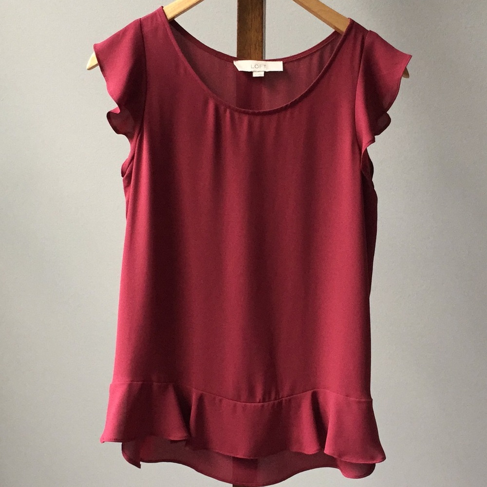 Ann Taylor Loft dark maroon ruffle dress shirt